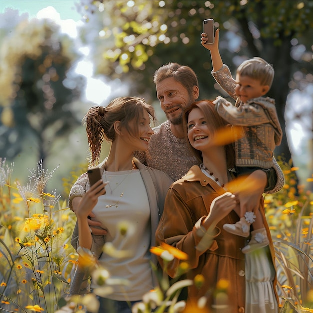 Photo 3d rendered photo of shot of a young family taking a selfie while spending time in nature