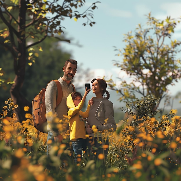 3d rendered photo of Shot of a young family taking a selfie while spending time in nature