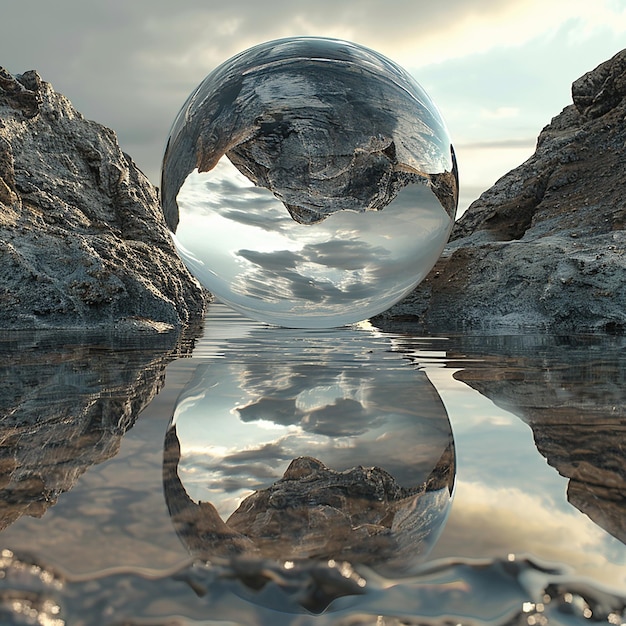 3d rendered photo of a sphere with a tree in the background and a tree in the reflection