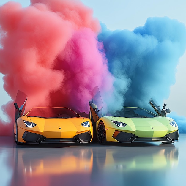 Photo 3d rendered photo of sports cars with open window and multi color smokes