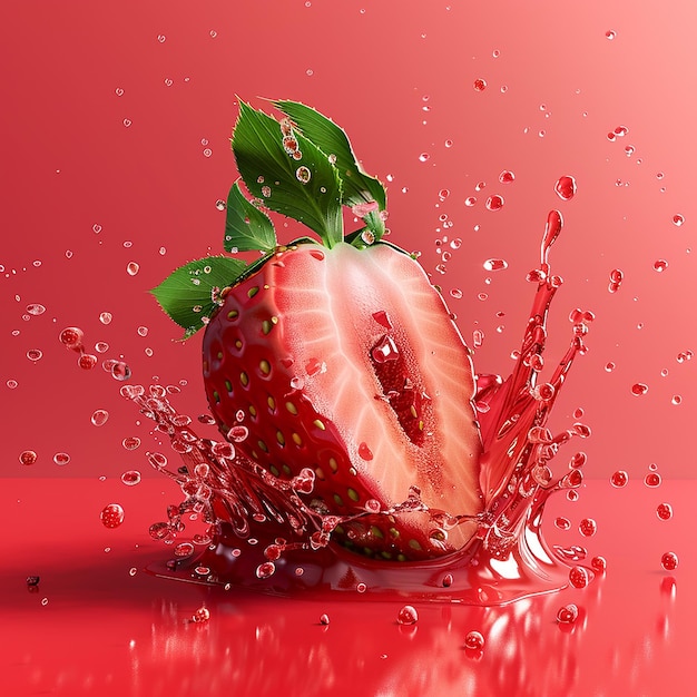 Photo 3d rendered photo of a strawberry with water drops in the background and the words strawberry