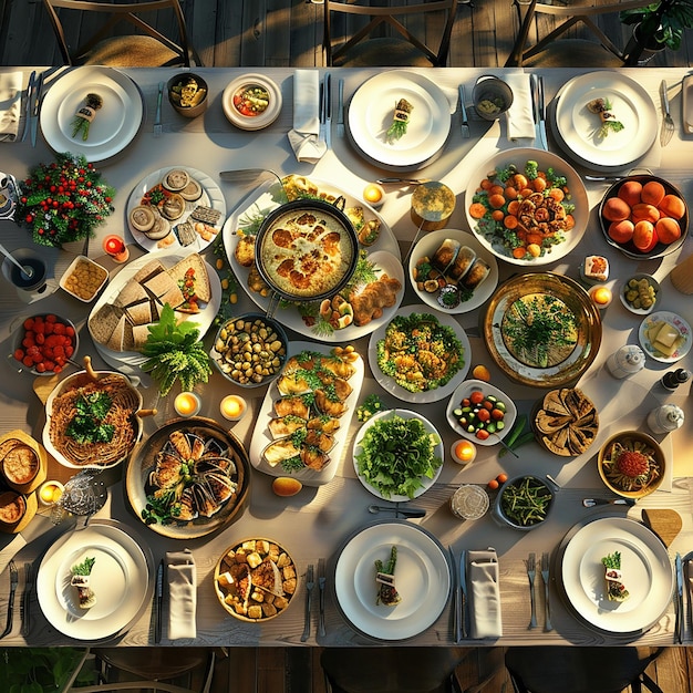 3d rendered photo of a table with many dishes including food