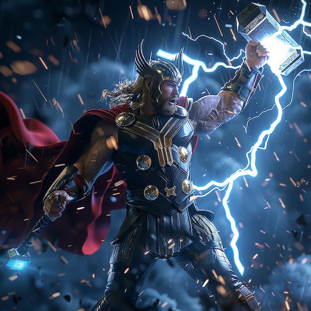 3d rendered photo of Thor wielding Mjolnir lightning crackling around him