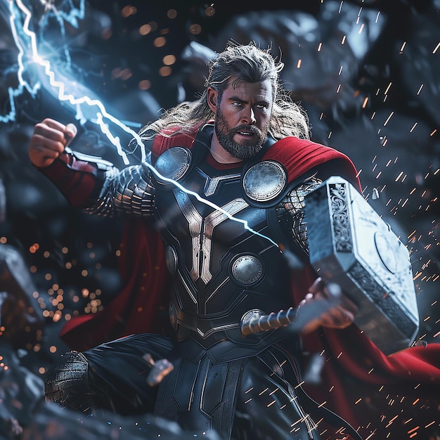 3d rendered photo of Thor wielding Mjolnir lightning crackling around him