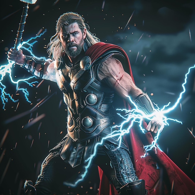 3d rendered photo of Thor wielding Mjolnir lightning crackling around him