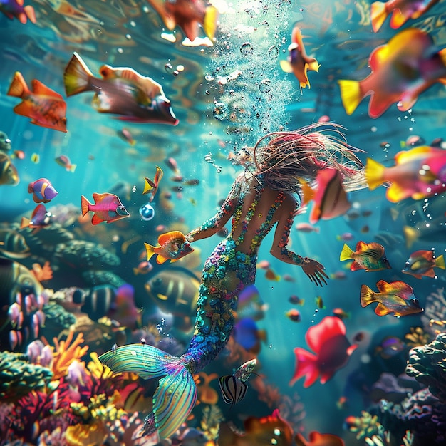 Photo 3d rendered photo of tranquil underwater with a mermaid flanked by a school of rainbow colored fish