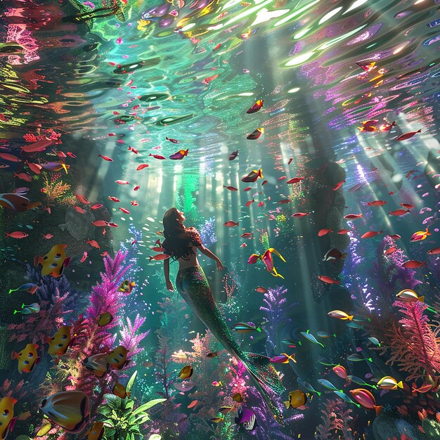 Photo 3d rendered photo of tranquil underwater with a mermaid flanked by a school of rainbow colored fish