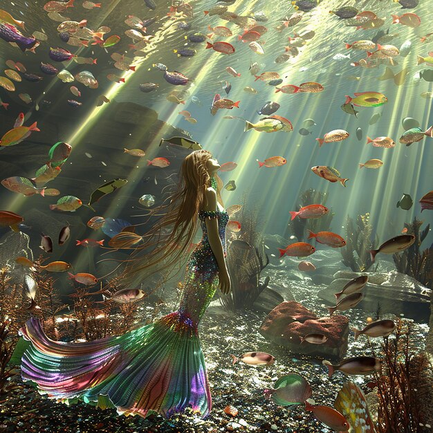 Photo 3d rendered photo of tranquil underwater with a mermaid flanked by a school of rainbow colored fish