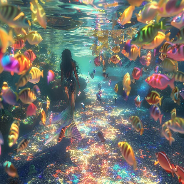 Photo 3d rendered photo of tranquil underwater with a mermaid flanked by a school of rainbow colored fish