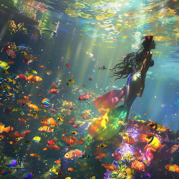 Photo 3d rendered photo of tranquil underwater with a mermaid flanked by a school of rainbow colored fish