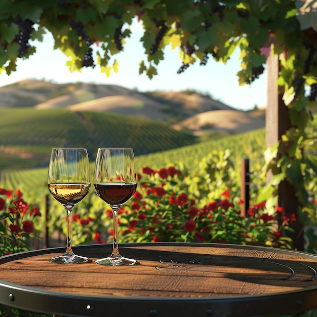 Photo 3d rendered photo of two glasses of wine are on a table with grapes in the background