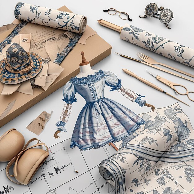 Photo 3d rendered photo of vintage fashion blue prints