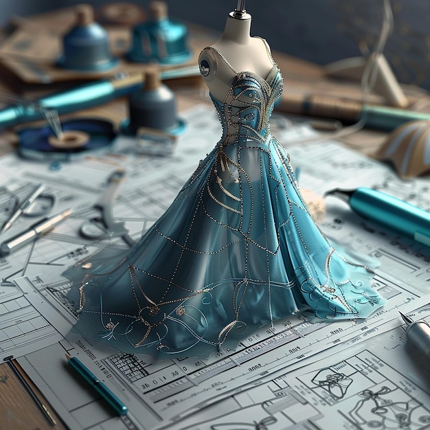 Photo 3d rendered photo of vintage fashion blue prints