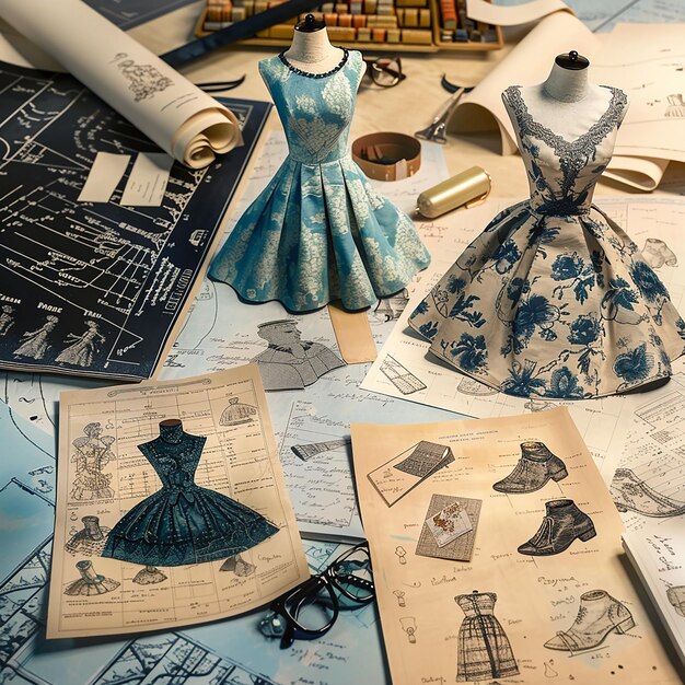 Photo 3d rendered photo of vintage fashion blue prints