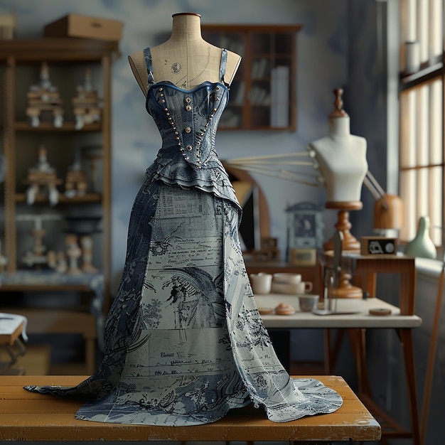 Photo 3d rendered photo of vintage fashion blue prints