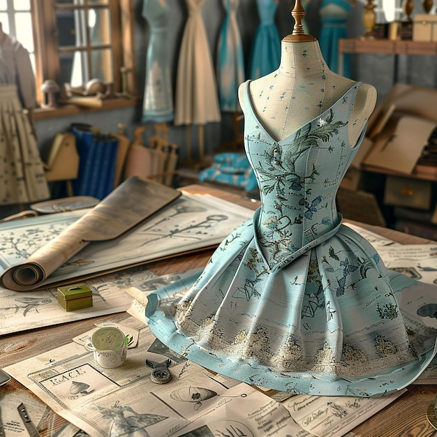 Photo 3d rendered photo of vintage fashion blue prints