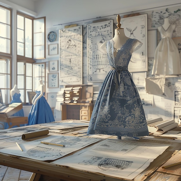 Photo 3d rendered photo of vintage fashion blue prints