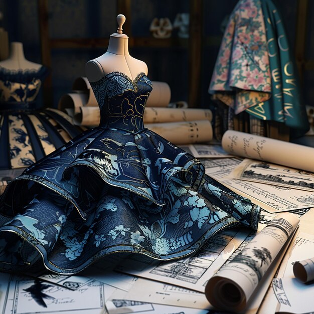 3d rendered photo of vintage fashion blue prints