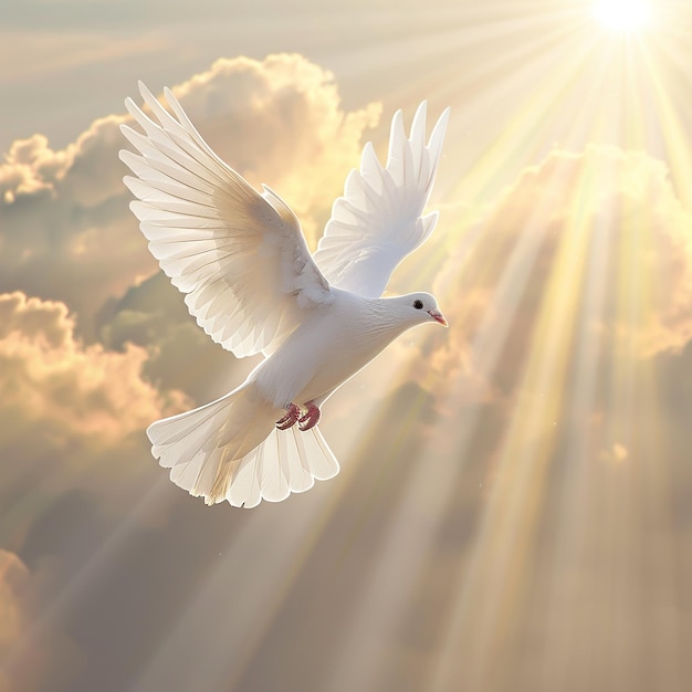 3d rendered photo of white dove is flying in the sky in light sun rays