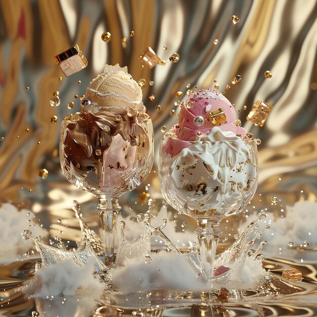 Photo 3d rendered photos of 2 ice cream transparent glass cup for couple in ice bar close view