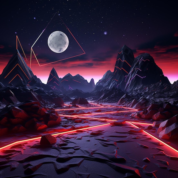 3d rendered photos of abstract neon background geometric shape night landscape with hills and rocks