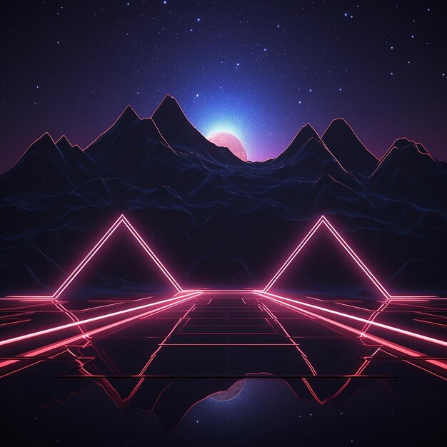 3d rendered photos of abstract neon background geometric shape night landscape with hills and rocks