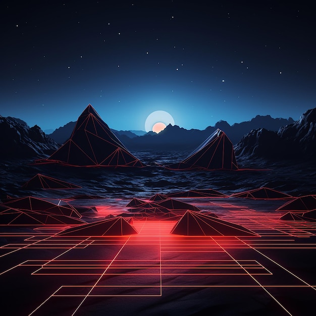 3d rendered photos of abstract neon background geometric shape night landscape with hills and rocks