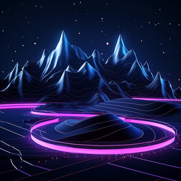 3d rendered photos of abstract neon background geometric shape night landscape with hills and rocks