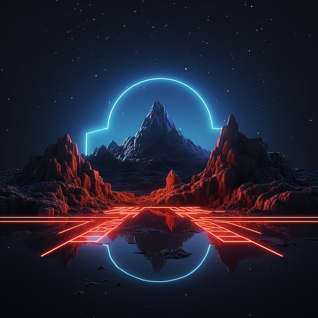 3d rendered photos of abstract neon background geometric shape night landscape with hills and rocks