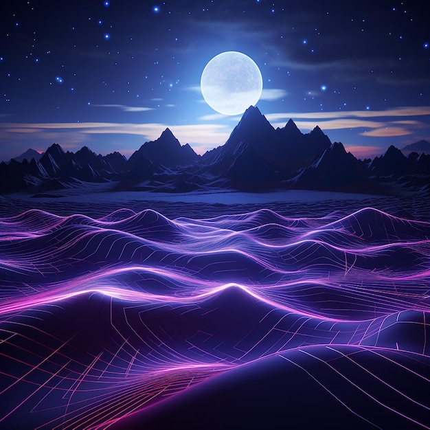 3d rendered photos of abstract neon background geometric shape night landscape with hills and rocks