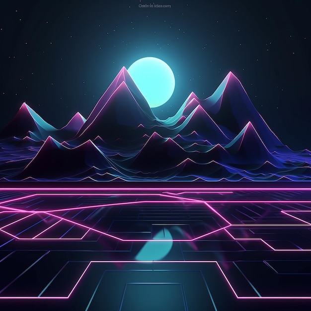 3d rendered photos of abstract neon background geometric shape night landscape with hills and rocks