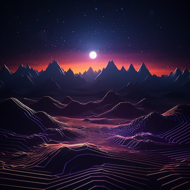 3d rendered photos of abstract neon background geometric shape night landscape with hills and rocks