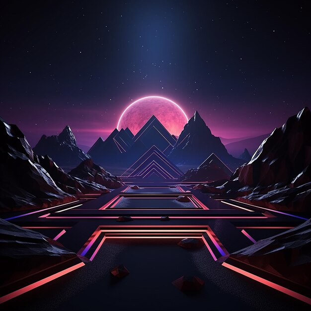 3d rendered photos of abstract neon background geometric shape night landscape with hills and rocks