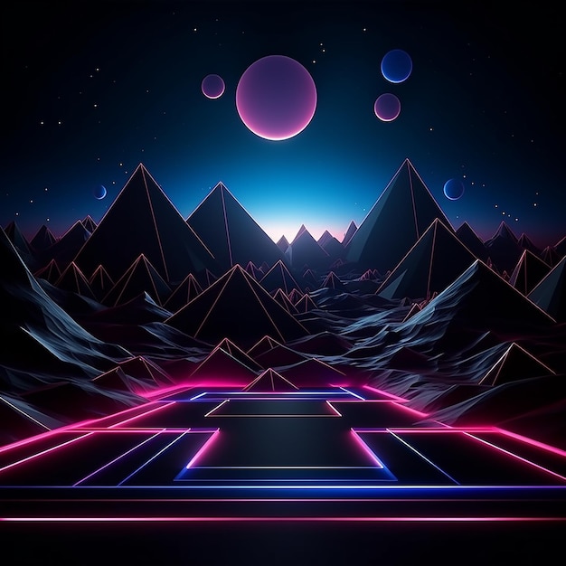 3d rendered photos of abstract neon background geometric shape night landscape with hills and rocks