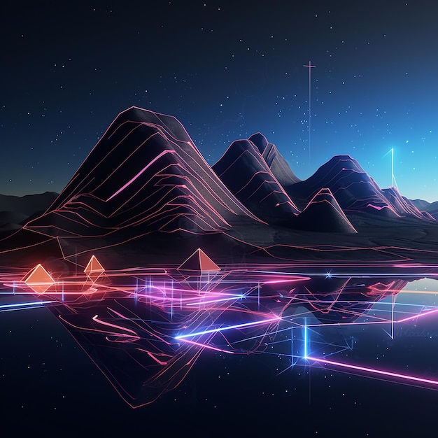 3d rendered photos of abstract neon background geometric shape night landscape with hills and rocks