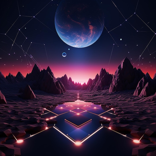 3d rendered photos of abstract neon background geometric shape night landscape with hills and rocks