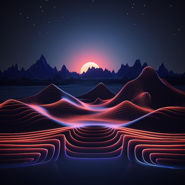 3d rendered photos of abstract neon background geometric shape night landscape with hills and rocks