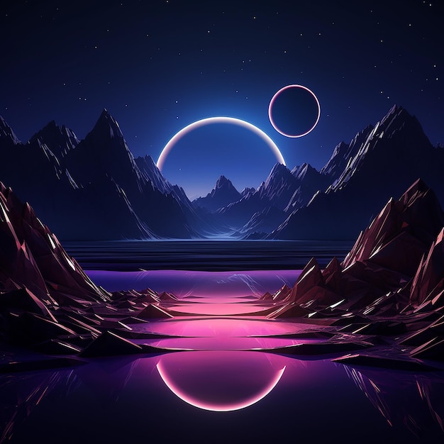 3d rendered photos of abstratct neon background of geometric shape night landscape with hills and ro