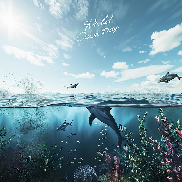 3d rendered photos of aquatic biota silhouettes with sun rays falling in water world ocean day