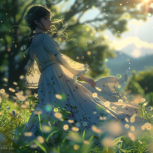 3d rendered photos of beautiful anime girl wearing beautiful long dress Nikon D850 150mm f18 ci