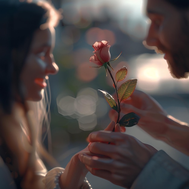 Photo 3d rendered photos of a beautiful couple boy proposing his girl with rose bouquet