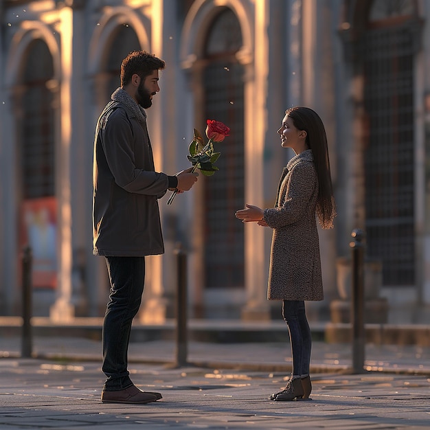 Photo 3d rendered photos of a beautiful couple boy proposing his girl with rose bouquet