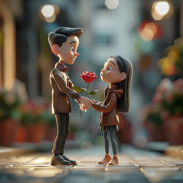 Photo 3d rendered photos of a beautiful couple boy proposing his girl with rose bouquet