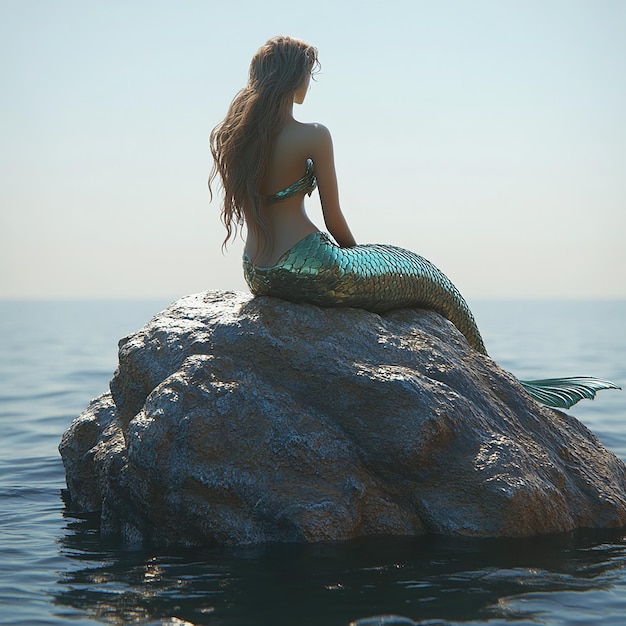 Photo 3d rendered photos of beautiful girl mermaid sitting on a rock in the mid of ocean