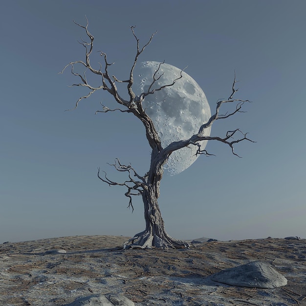 3d rendered photos of black dead tree with moon in background in barren plains