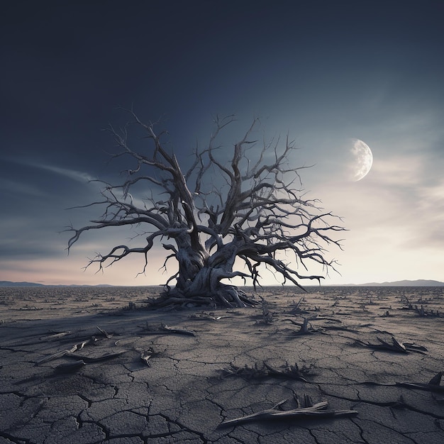 3d rendered photos of black dead tree with moon in background in barren plains