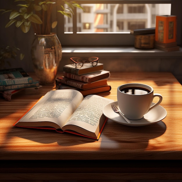 3d rendered photos of book and coffee