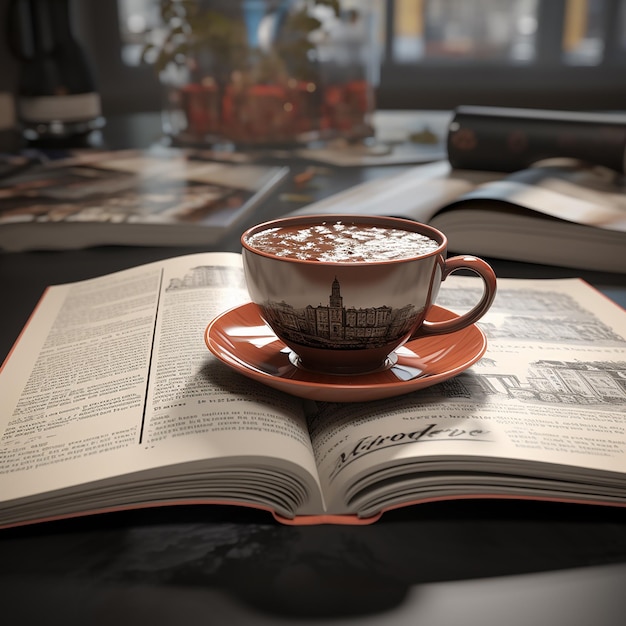 3d rendered photos of book and coffee