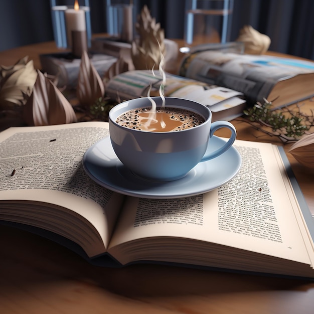 3d rendered photos of book and coffee