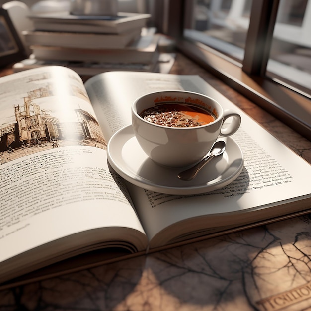 3d rendered photos of book and coffee